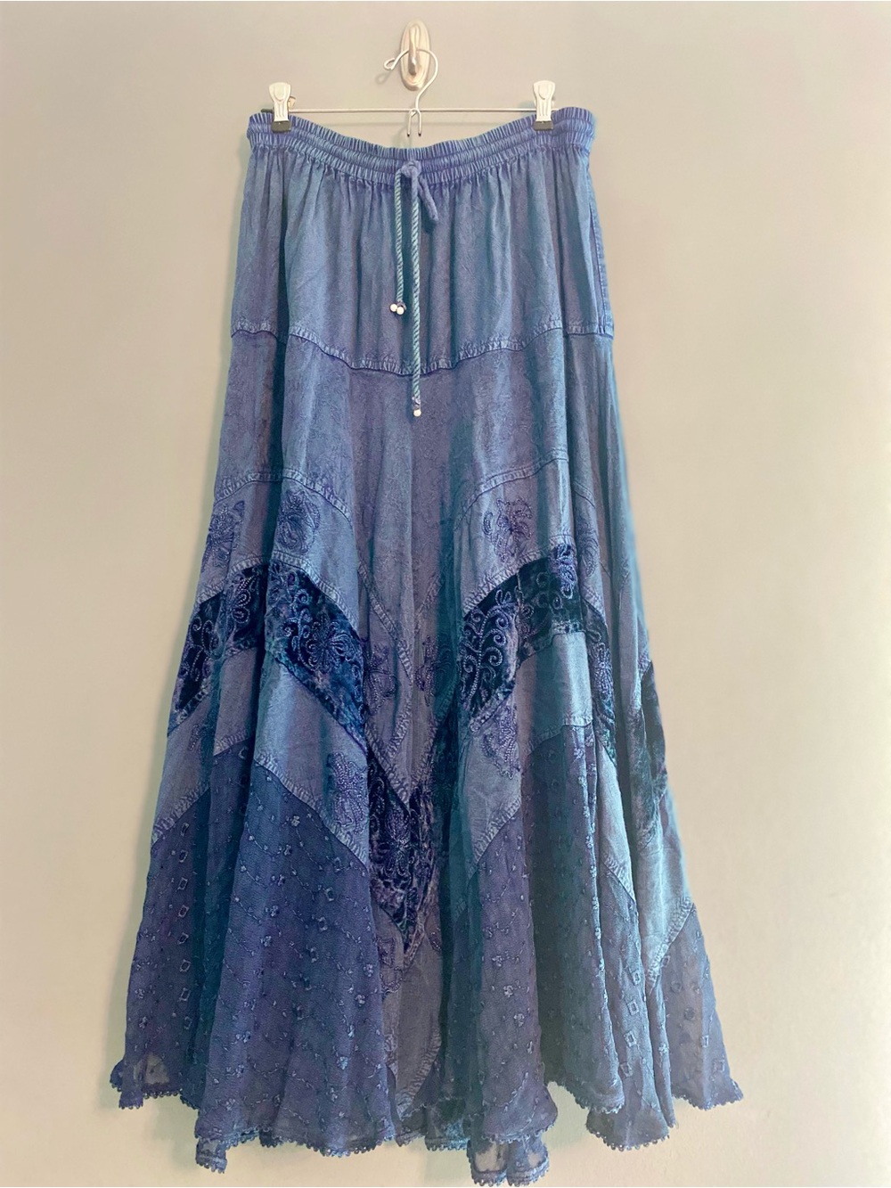 Fabulous Boho Indigo Denim Lace Patch Tiered Maxi Skirt with Drawstring Waist